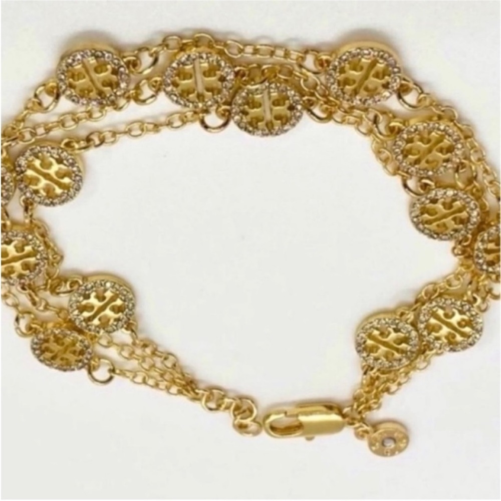 Tory Burch gold crystal pave triple strand logo bracelet - Picture 4 of 8